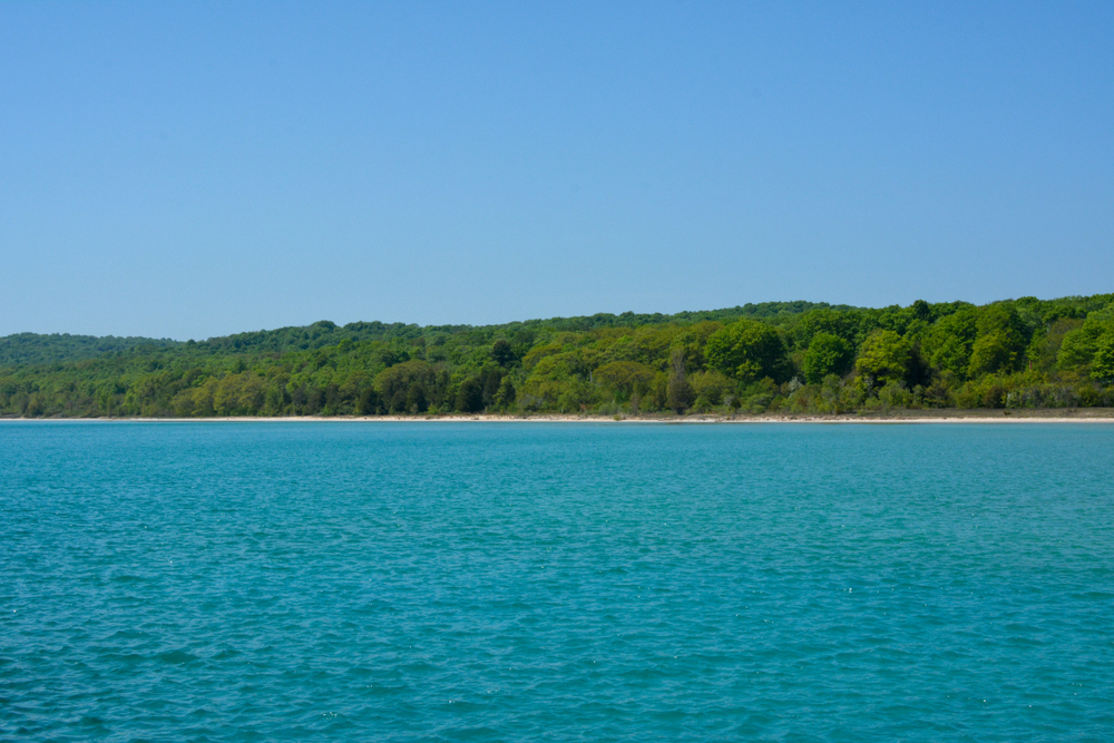 Sandy shoreline bordered by green trees with brilliant blue waters in foreground.
