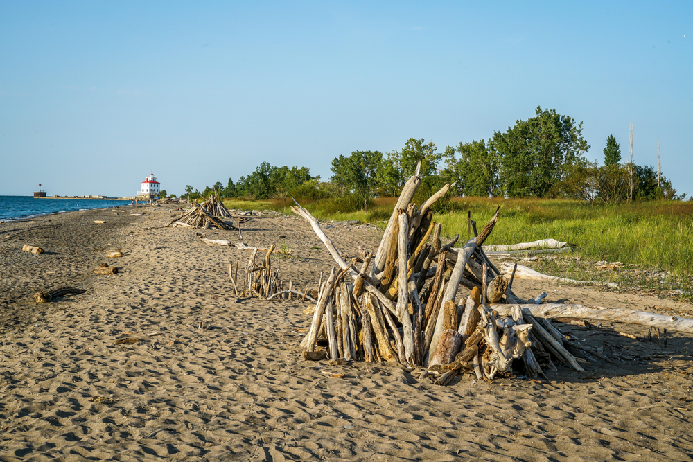 Pebbly beach with driftwood piles and white lighthouse with red roof in distance.