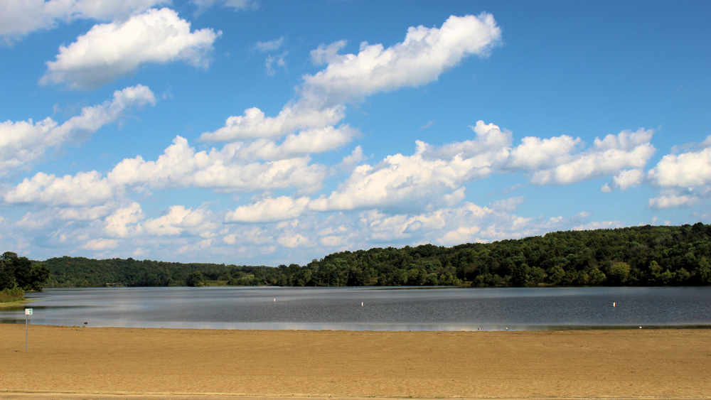 Beautiful sandy Ohio beach with lake and green trees in background.