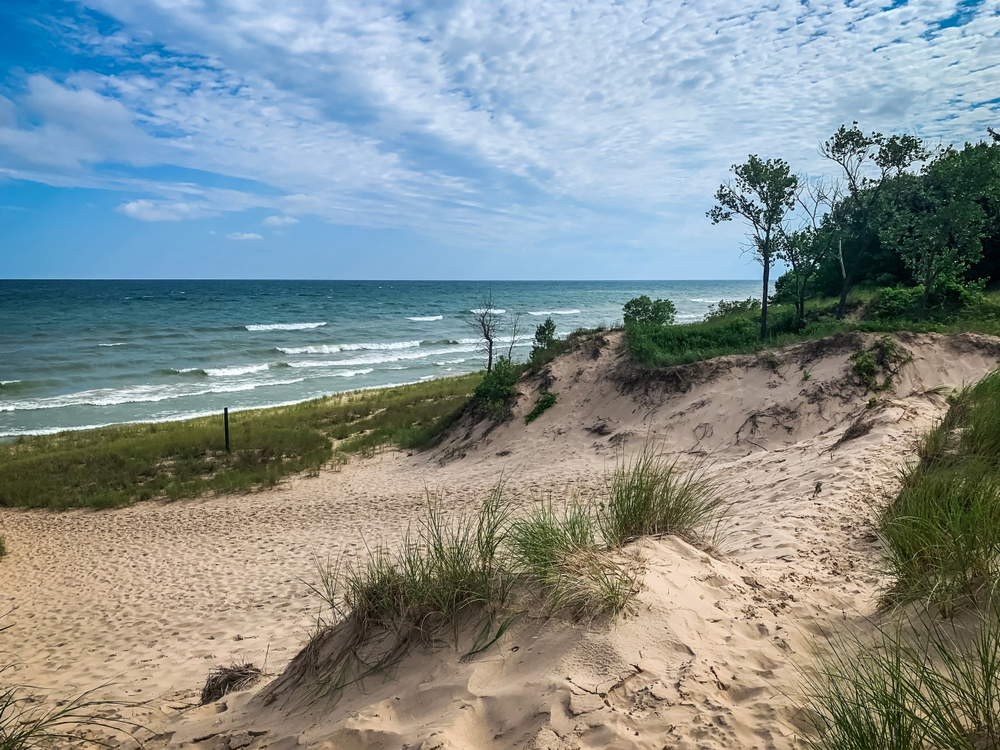 White sandy beach with sea oats and waves rolling in at Indiana Dunes National Park, a great Chicago day trip.