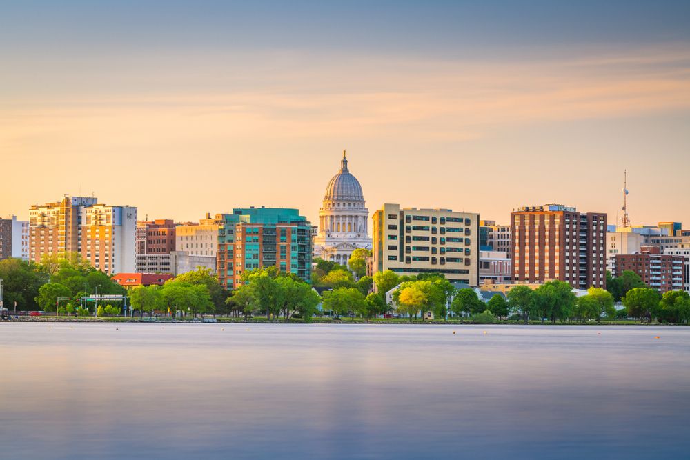 The skyline of Madison WI at sunset.