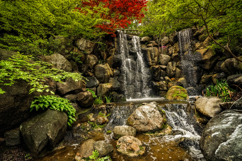 A waterfall at the Japanese Garden in Rockford Illinois, a daytrip from Chicago.