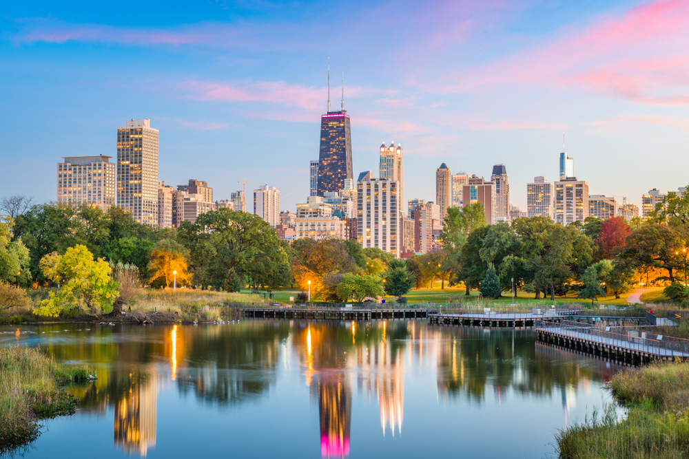 Chicago Illinois skyline at sunset