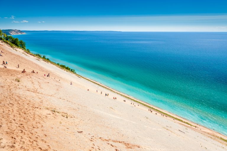 Sandy white dunes in Michigan Midwest Weekend Getaway destination.