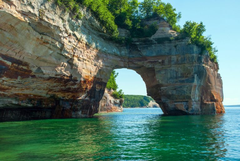 Pictured Rocks arch formation Midwest Weekend Getaway destination.