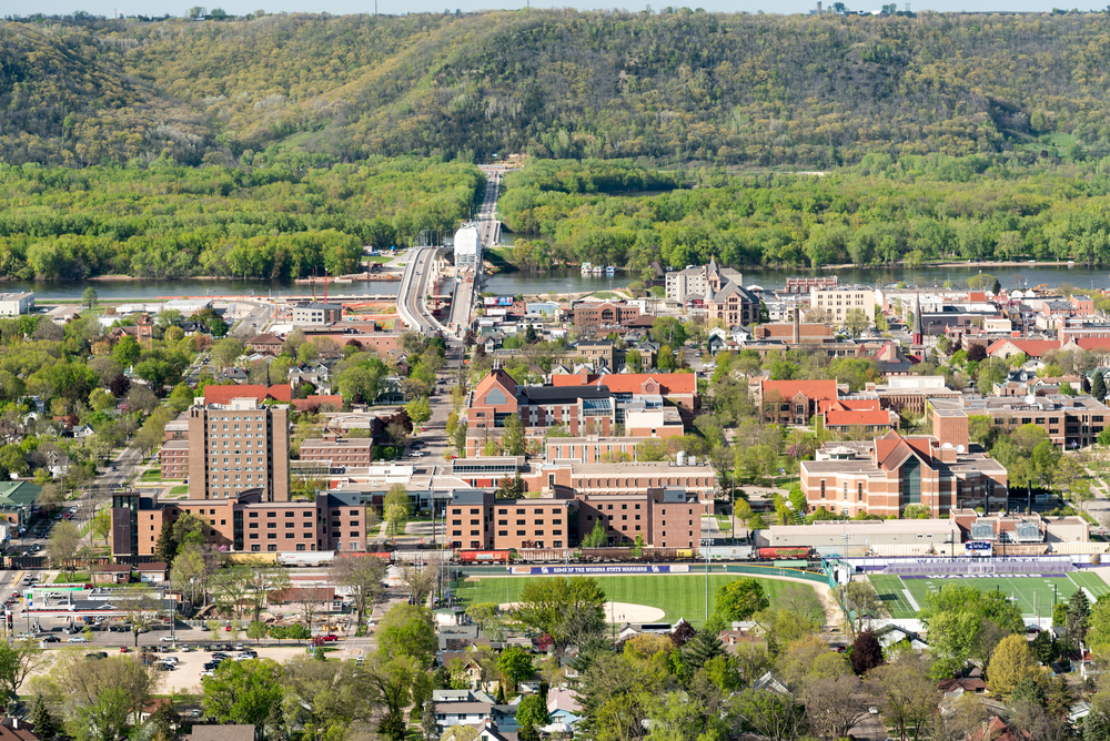 Minnesota aerial view with bridge across Mississippi River.