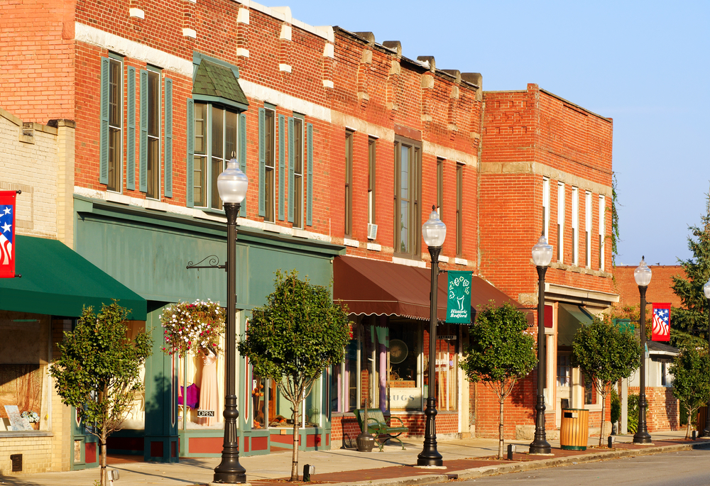 Vintage downtown of Bedford, small town Ohio with red brick buildings and colorful fronts.