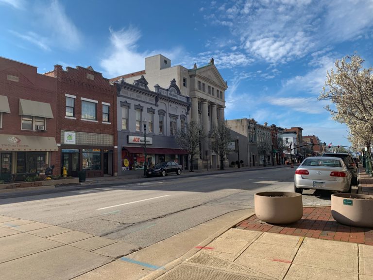 Vintage main street of downtown Bowling Green, a small Ohio town.