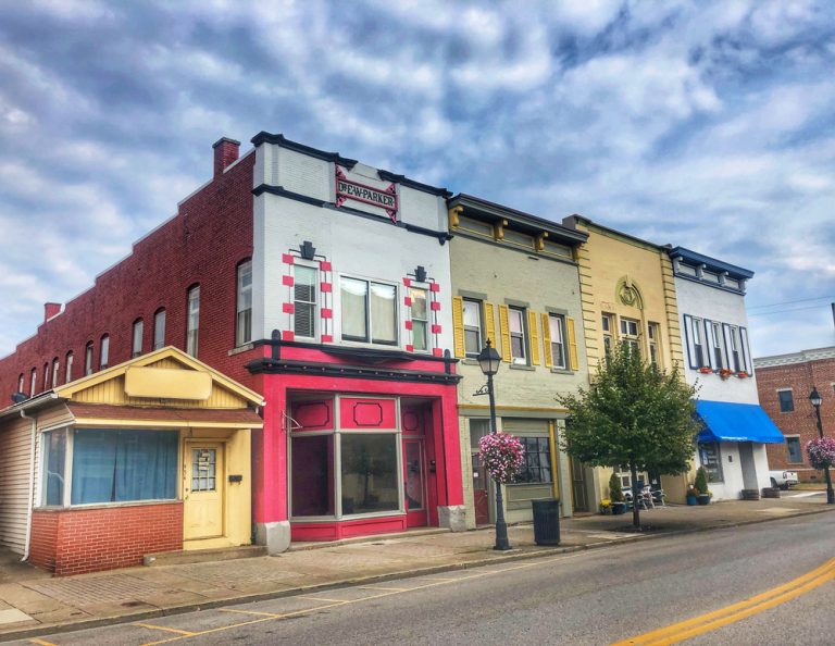 Colorful vintage storefronts in Gallipolis, a cute small town in Ohio.