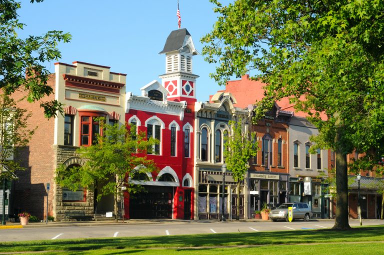 Colorful charming vintage storefronts in Medina, a small towns in Ohio