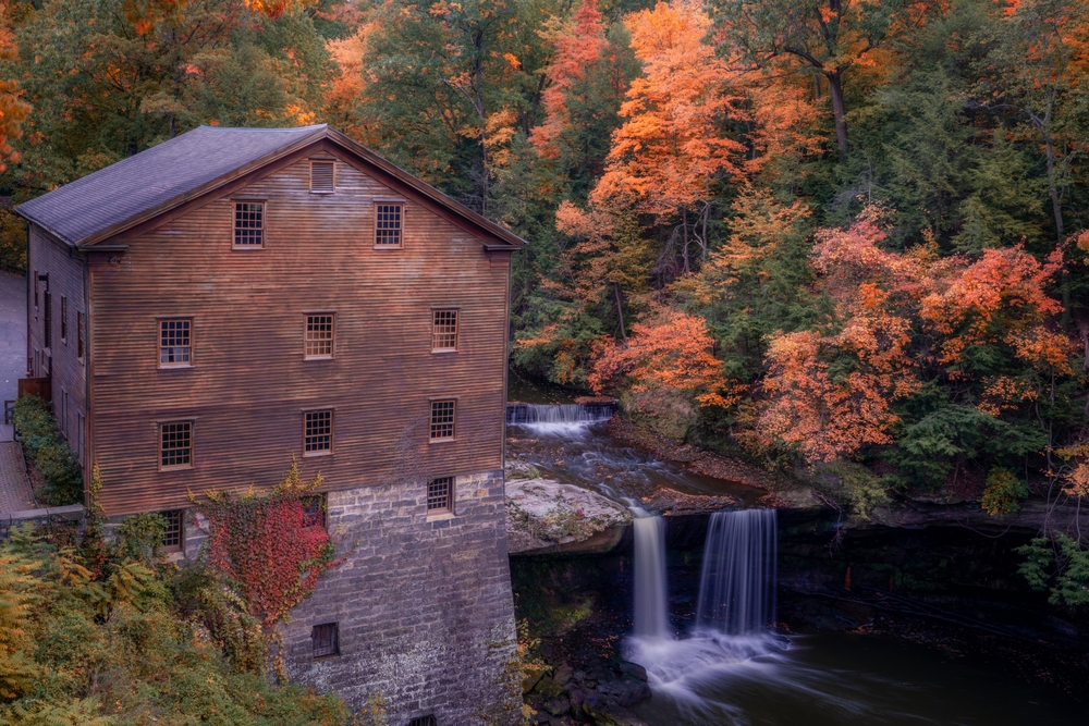 Lanterman's Mill at Mill Creek Park in Youngstown Ohio. The article is about waterfalls in Ohio.