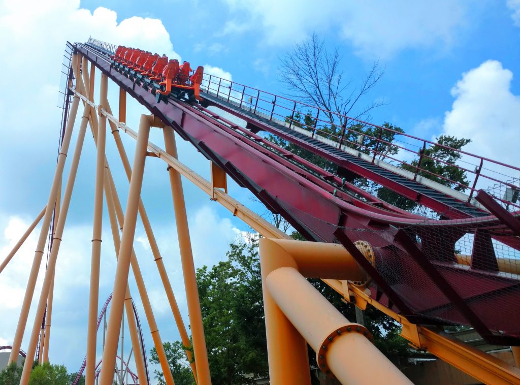 Red and yellow railings for one of the King's Island speedy roller coasters.