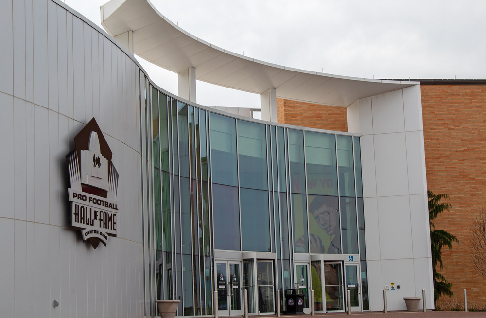 Glass windows adorn the front of the Pro Football Hall of Fame.