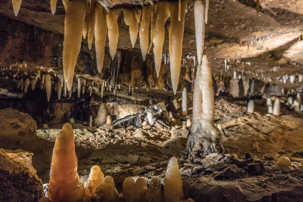 Otherworldly stalagtites and stalagmites from The Ohio Caves.