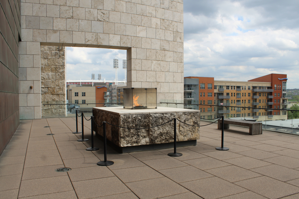 Eternal flame on  stone rooftop terrace in Cincinnati Ohio