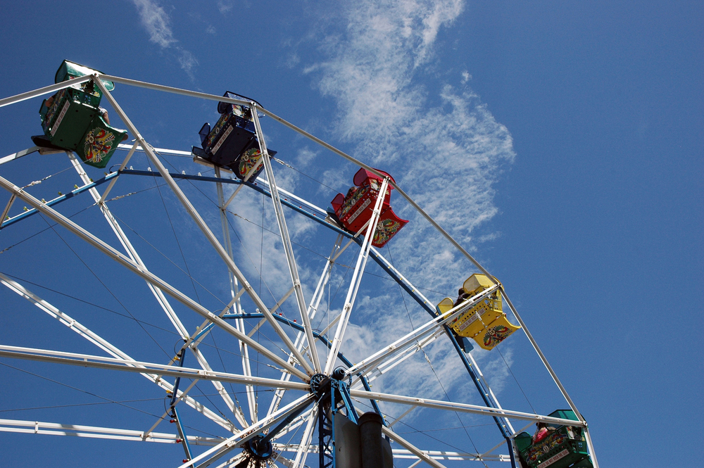 Part of a Ferris Wheel against a blue sky at Bay Beach amusement park in the Midwest
