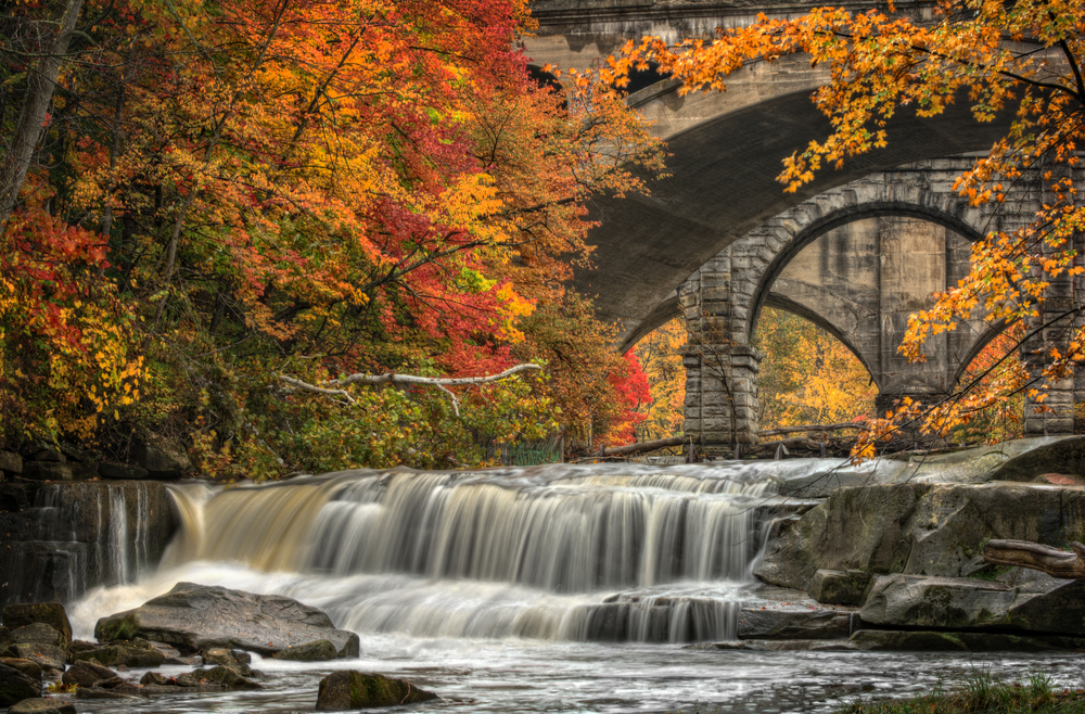 Water surrounded by aurumn colors on trees during fall in Ohio