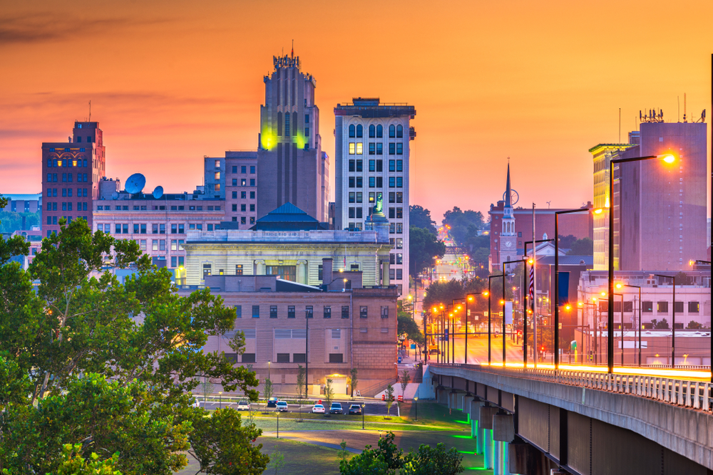 Twilight sets in on downtown Youngstown skyline with very orange sky.