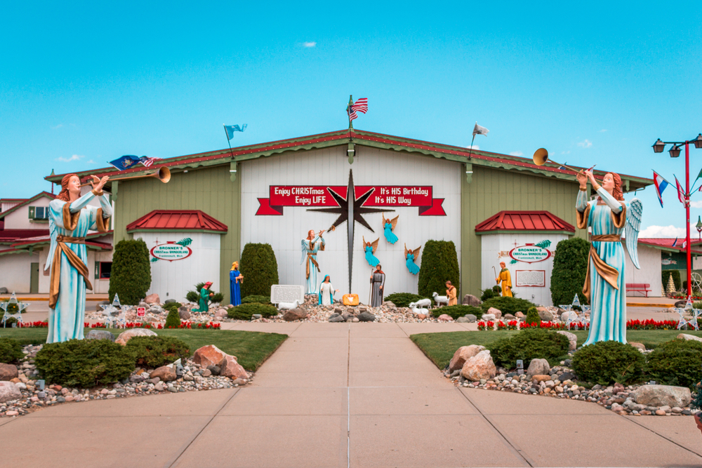 The exterior of the Bronner's Christmas Wonderland a large warehouse shop full of Christmas decorations and decorated on the outside for Christmas year round