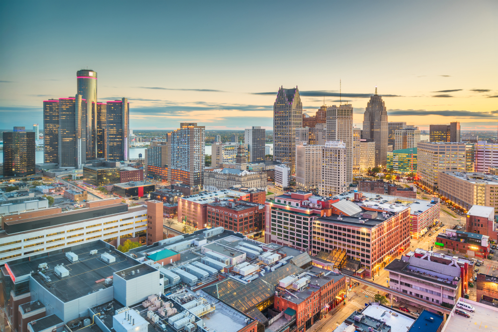 An aerial image of Detroit at sunset