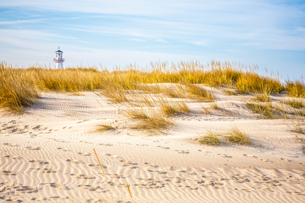 A sandy dune beach in New Buffalo Michigan on a sunny day