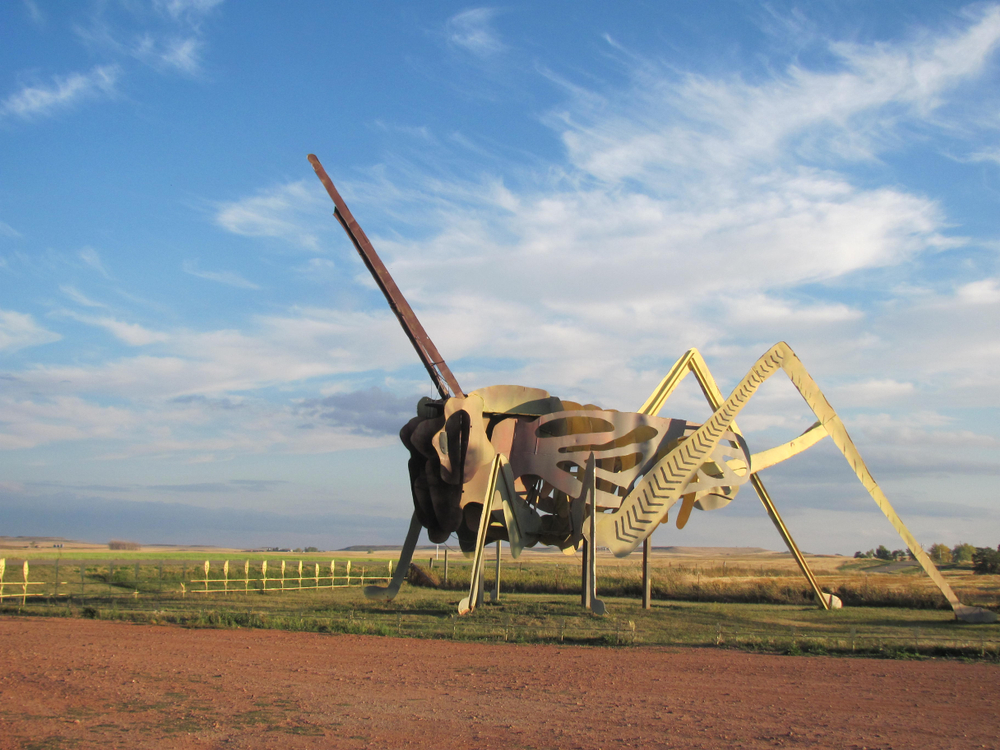 A large grasshopper sculpture on the Enchanted Highway one of the best hidden gems in Midwest