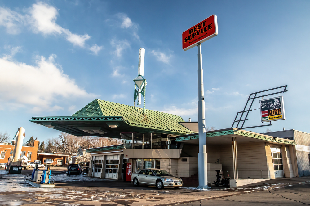 The exterior of the Frank Lloyd Wright designed gas station, the only of its kind, on a snowy but sunny day 