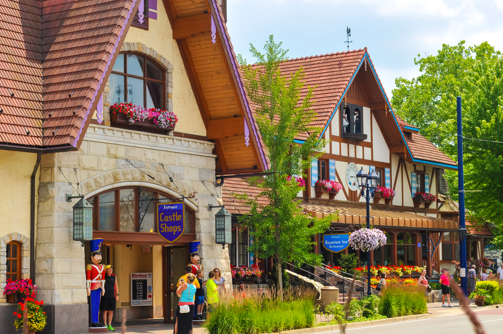 Shops on a street in Frankenmuth Michigan in the spring or summer