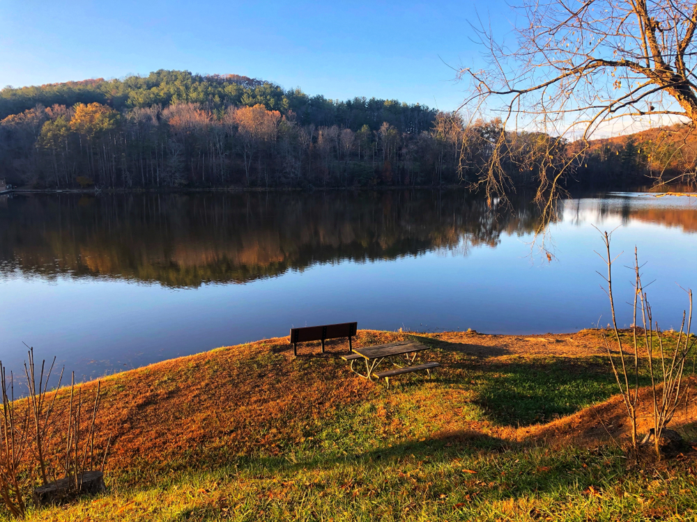 A bench at the side of a beautiful lake with a forest in the background. Lake Hope is a beautiful place to hike