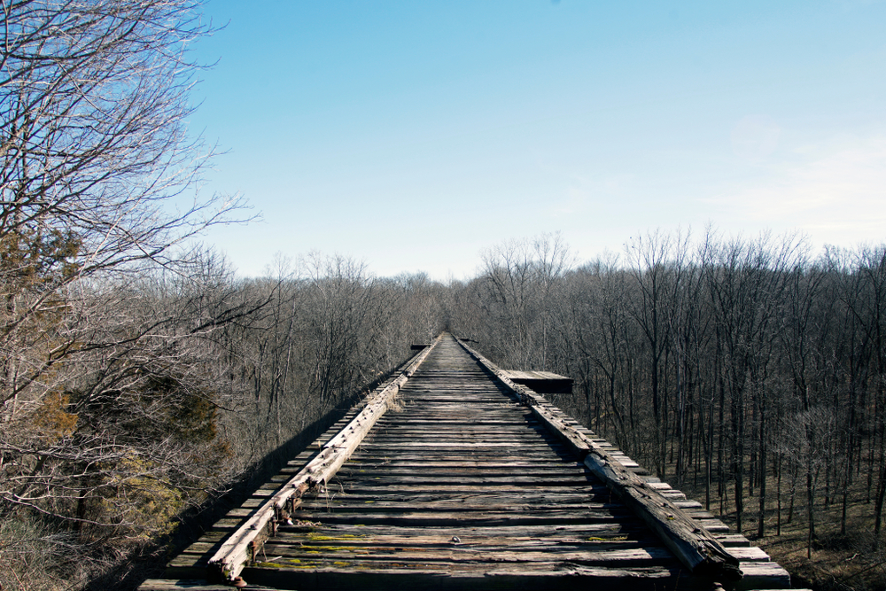 Looking straight down the Monon High Bridge in Delphi Indiana on a sunny day in winter where the trees have no leaves one of the best hidden gems in the Midwest