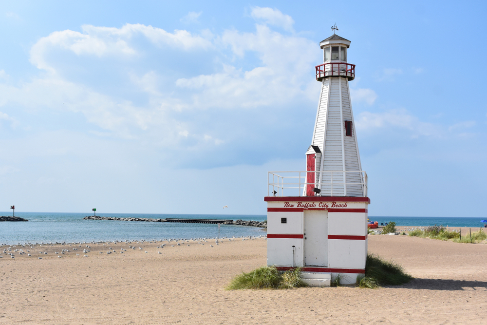 a lighthouse on the public city beach of New Buffalo Michigan