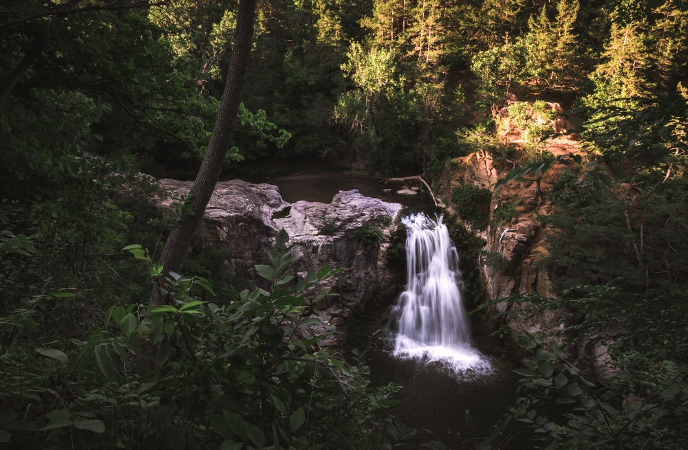 A small waterfall in the shadows that runs over a cliff and is surrounded by large trees on a rocky cliff