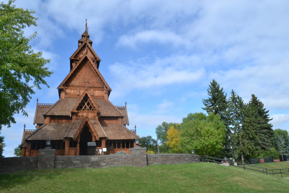 The Stave Church replica at the Scandinavian Heritage Park in North Dakota on sunny day