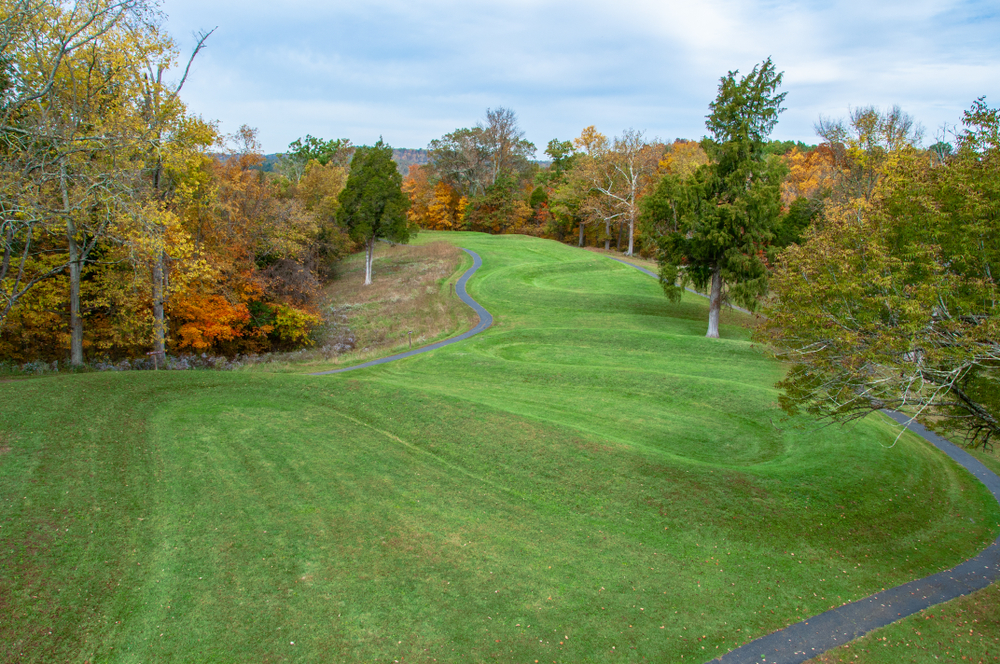 The Serpent Mound World Historic Site in Ohio on a cloudy Fall day