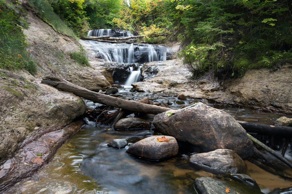 A river with rocks and wood in it and a step falls in the background.