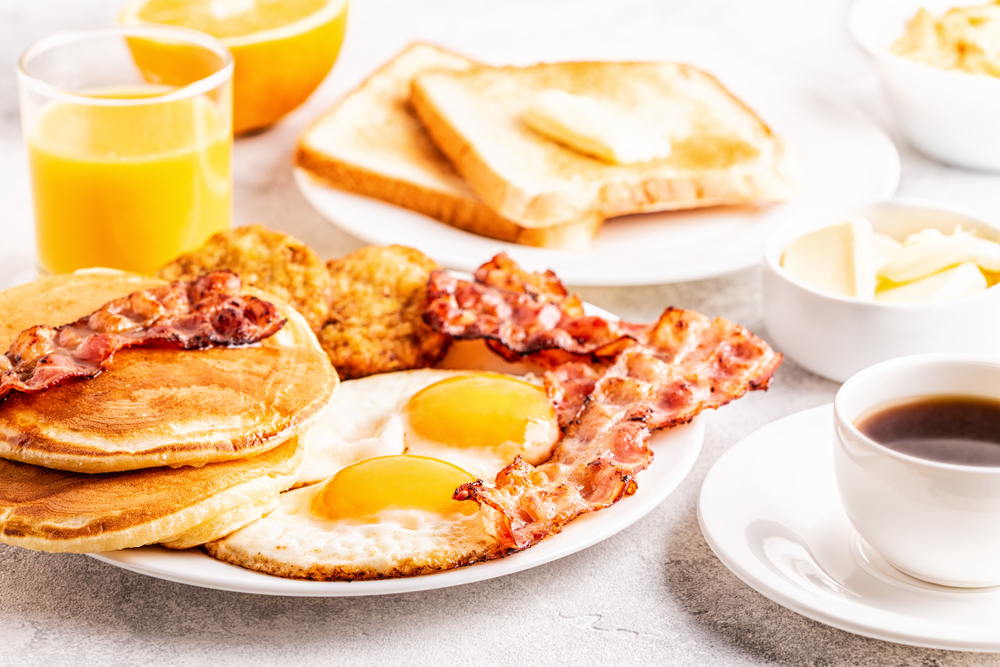 A breakfast plate with pancakes, bacon, eggs and toast
Breakfast in Chicago