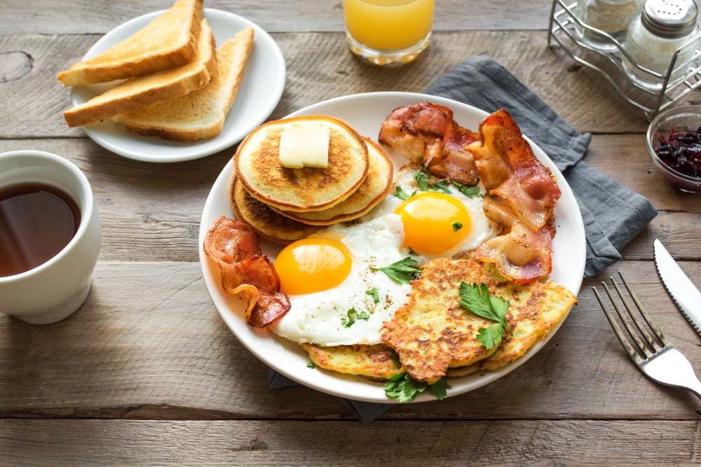 Full American breakfast on a plate with toast at the side in and an article about breakfast in Chicago