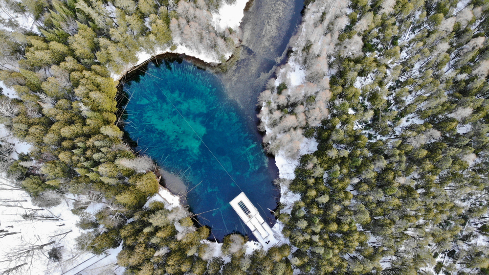 An aerial view of Kitch-iti-kipi a large freshwater spring in Michigan. You can see clearly down into its depths because the water is crystal blue. The image includes a view of a river running into the spring. It is wintertime so the only trees that have leaves are pine trees and the ground is covered in snow. There is a white dock on one side of the jelly bean shaped spring. 