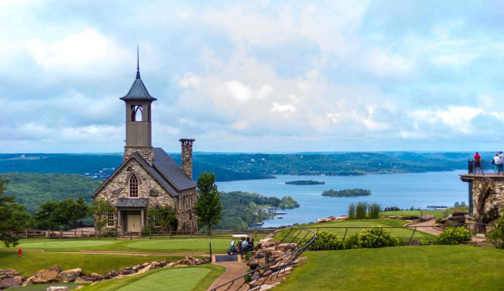 A popular stone church tourist attraction on a sunny day in Branson Missouri