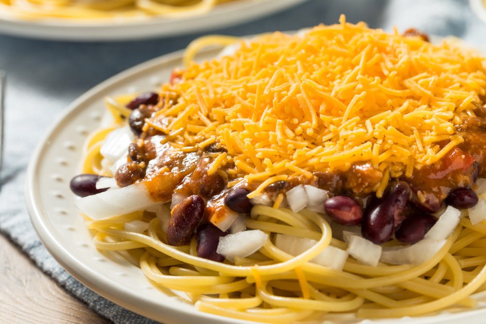 A plate of Cincinnati Chili, one of the cities most popular dishes