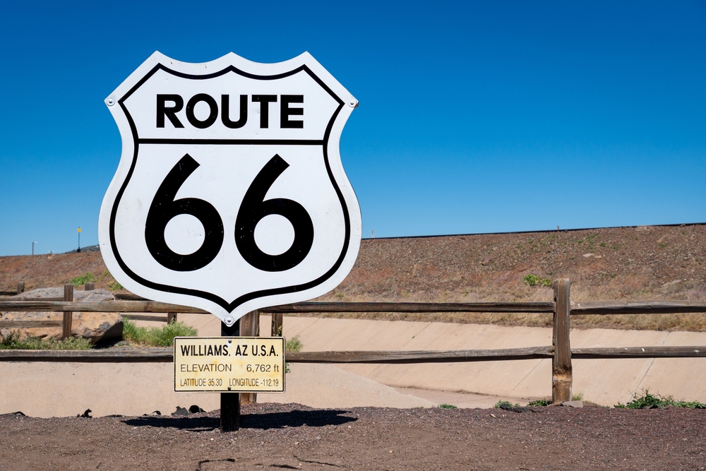 Route 66 sign by a fence in the desert. The article is about route 66 attractions. 