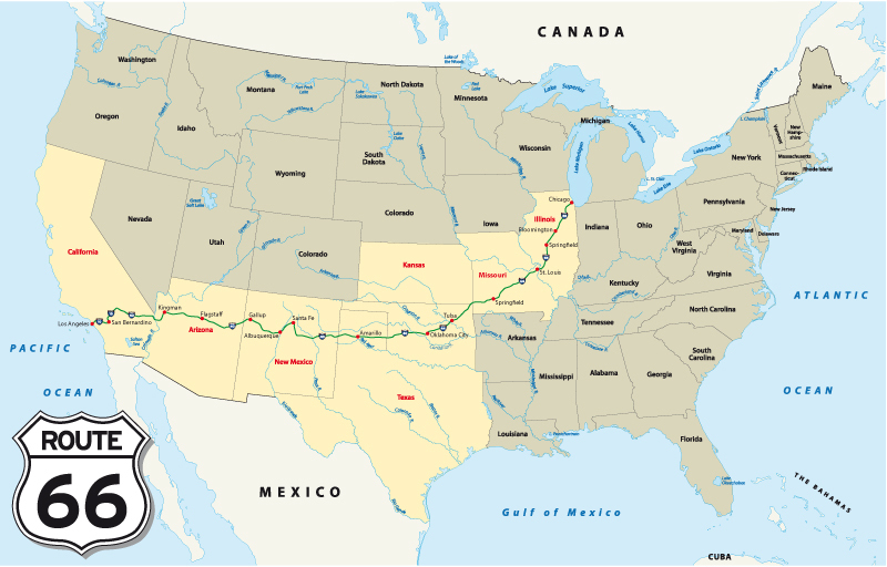 a map of the United States with the states route 66 passes through highlighted in pale yellow. Route 66 is in green with red dots as stopping places