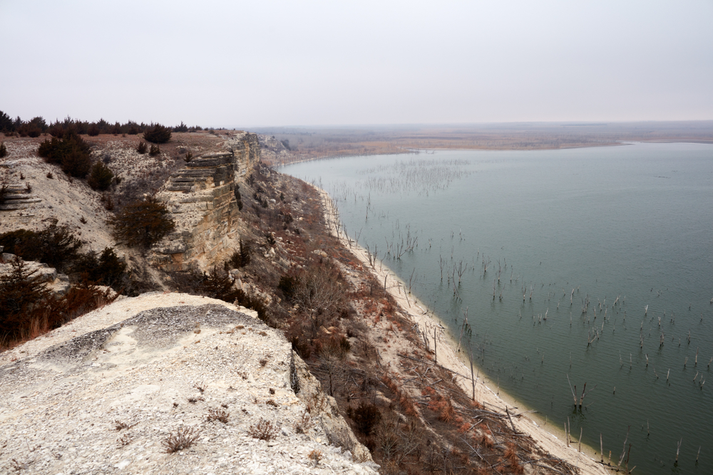 A limestone bluff over the water