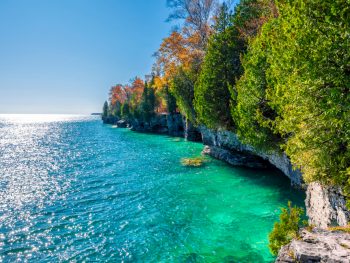 A rocky shoreline with tress overhanging in an article about things to do in Door County