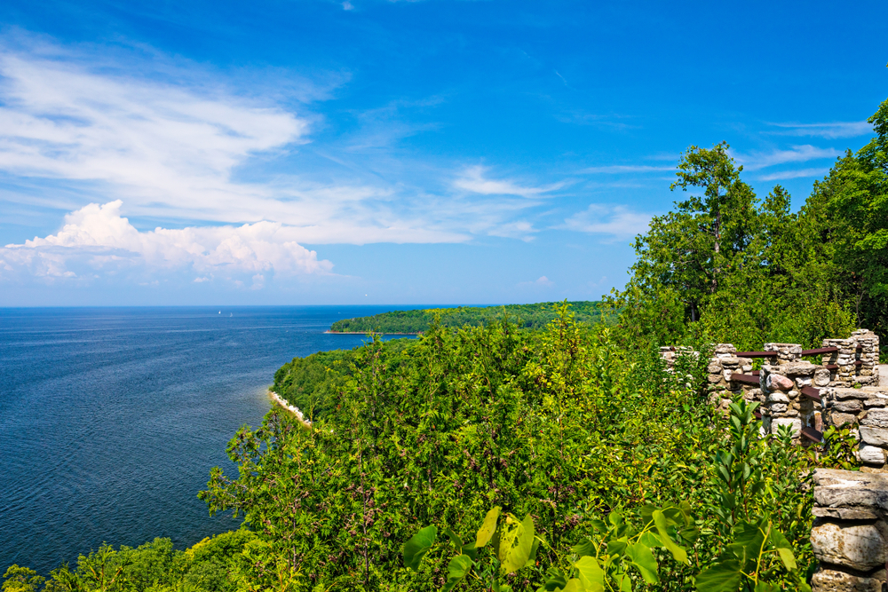 An incredible view of tress and the water in Door County