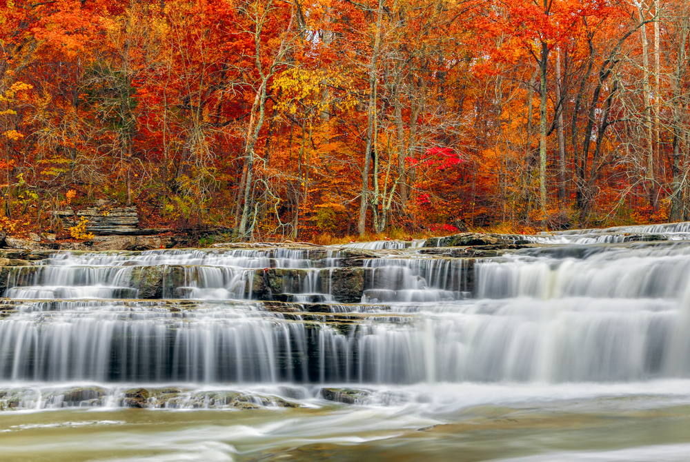 Cascading waterfalls over rock formations flow down to river below with bright red, orange, and orange atumnal trees in background. Beautiful waterfalls in the midwest