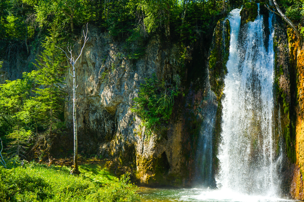 Canyon with stone walls and green trees with waterfalls cascading down into pool of water below on right side of photo. Unique waterfalls in the Midwest.