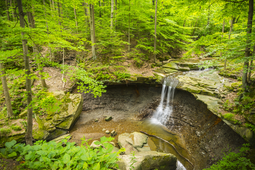 a bridal veil fall surrounded by green trees in the Cuyahoga Valley National Park