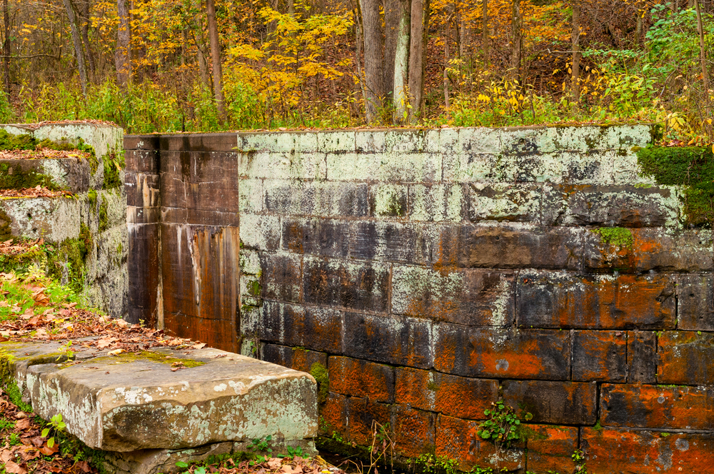 The ruins of the old Ohio and Erie Canal. They are stone brick canal locks covered in rust, moss, and grass. A cool piece of Cuyahoga Valley National Park history. 