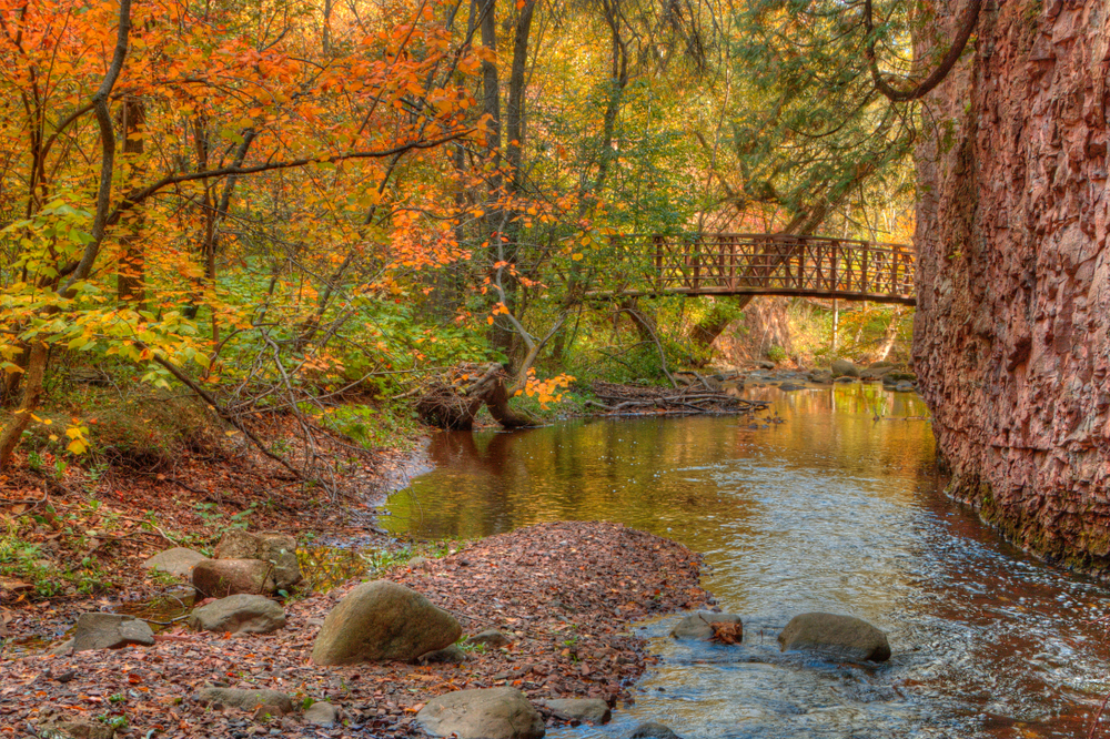 A park in Congdon Minnesota. There is a river with a large rocky cliff on one side of it. The river is surrounded by trees and large boulders. On the river bed, there are dead leaves. The trees have orange, red, yellow, and green leaves. In the distance, there is a wooden bridge across the river. 